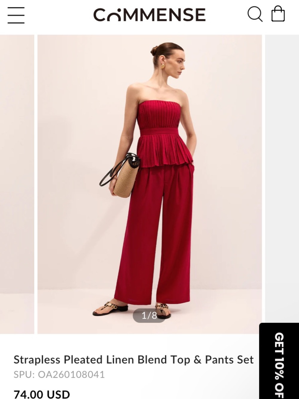 Commense Strapless Pleated Top & Wide-Leg Pants Set - Red